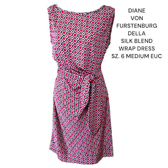 DIANE VON FURSTENBURG WRAP SHORT SLEEVE‎ SILK PINK CHECK DRESS SZ.6 MEDIUM EUC - Picture 1 of 4